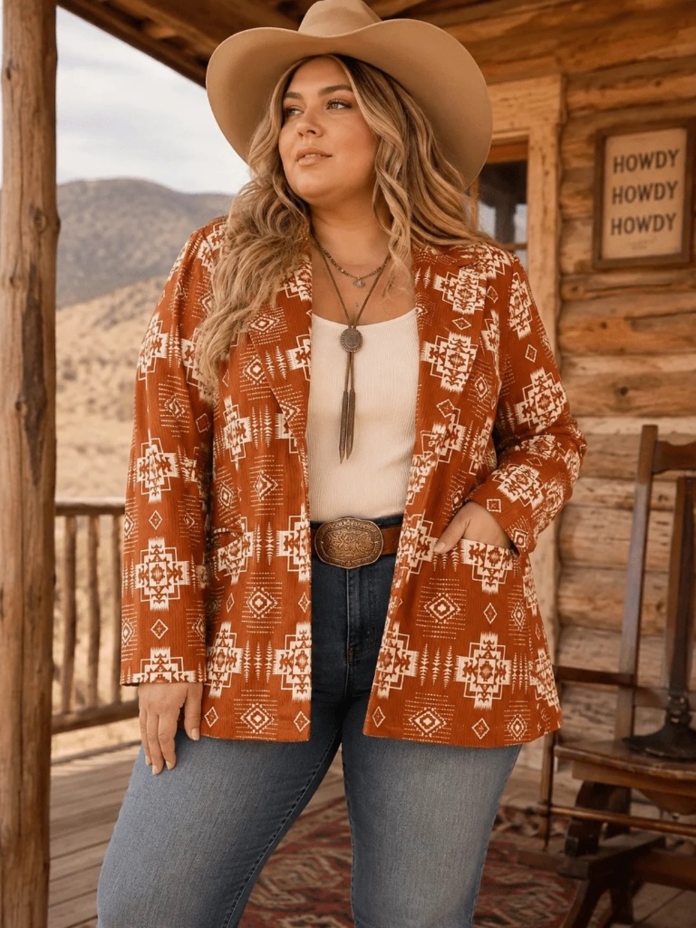 "Savannah Jane" Plus Size Button Closure Front Pockets Multi Print Blazer